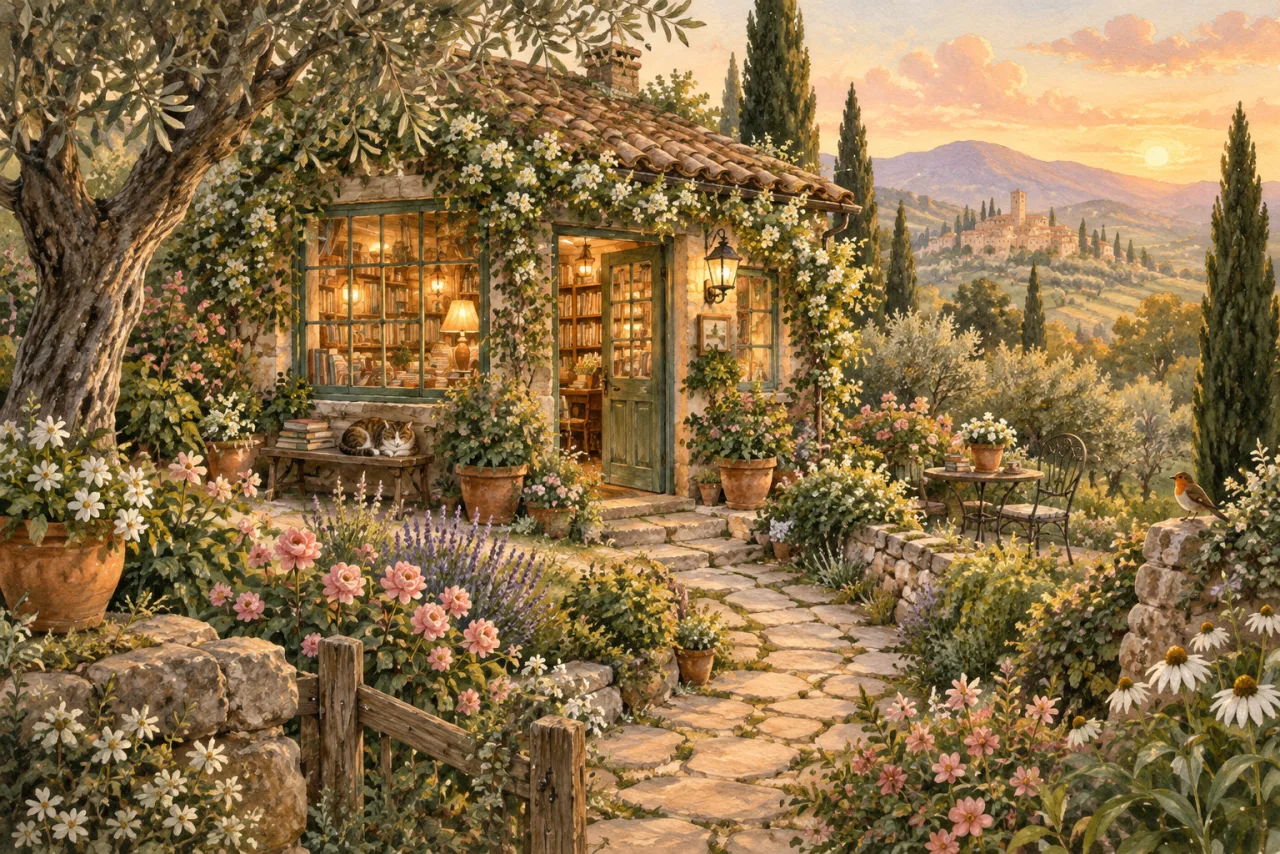 Concept illustration of a little bookshop glowing with lamplight, nestled among flowers and winding garden paths.